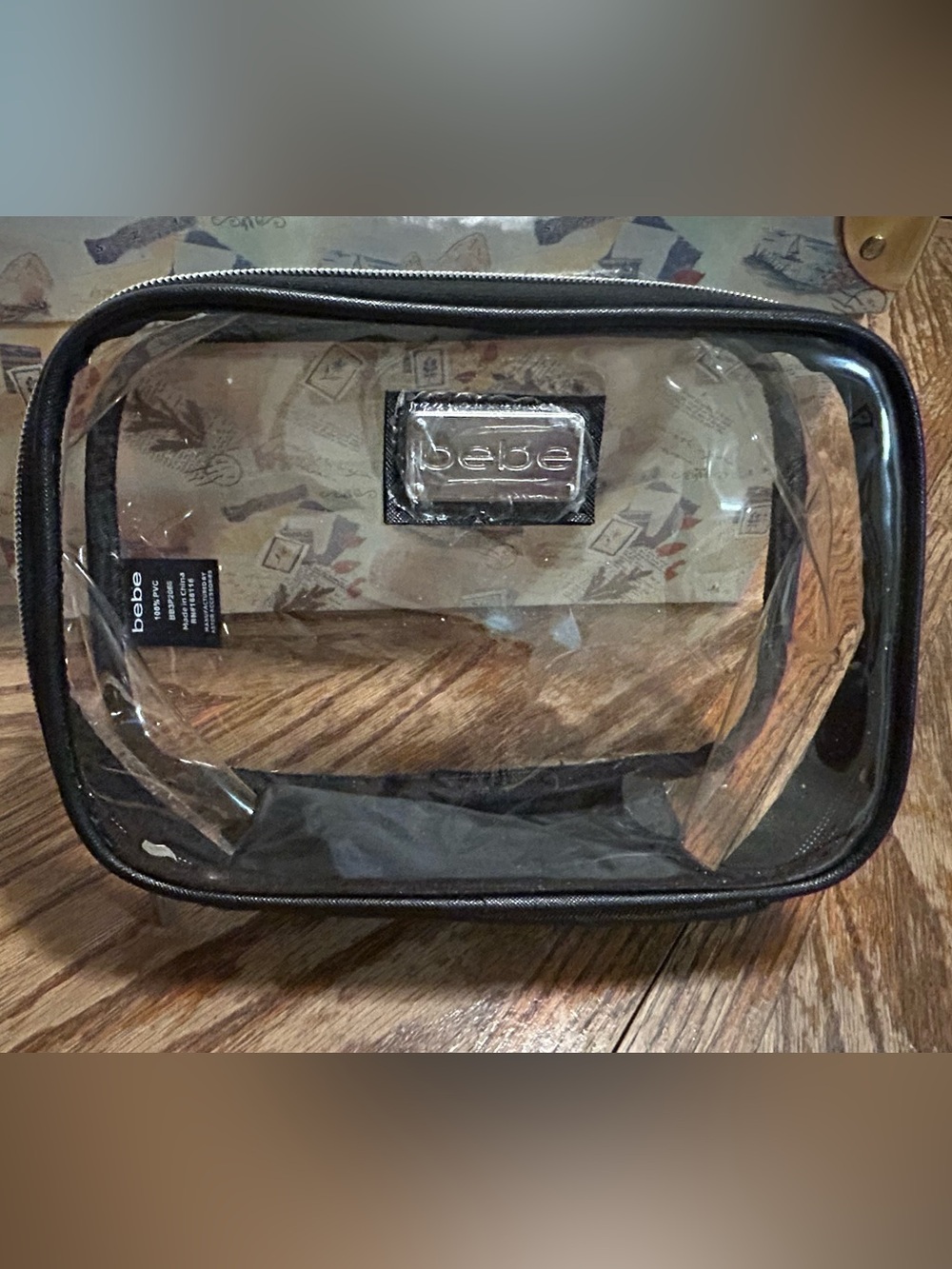 Bebe Clear PVC Cosmetic Bag Makeup Case Black Trim Silver Logo Travel Pouches